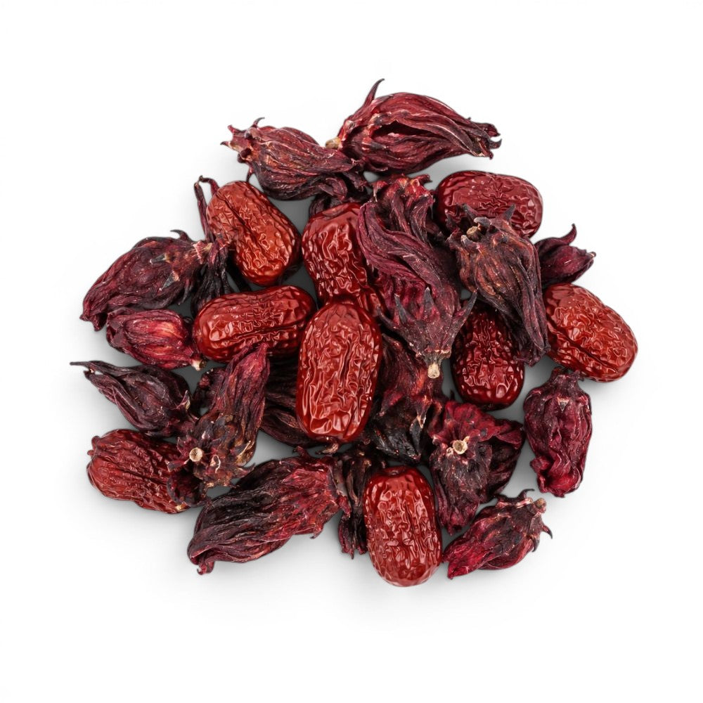 Mahnaz Food loose leaf herbal tea blend of dried roselle and jujube fruits, deep red color, 70g