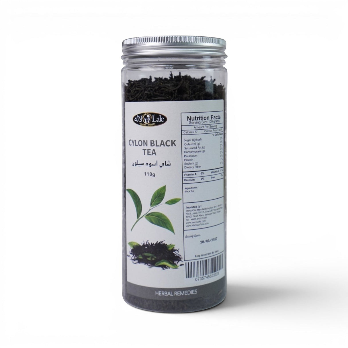 Mahnaz Food Ceylon Black Tea loose leaf in a clear jar with silver lid, 110g. Features nutrition facts and herbal remedies label.