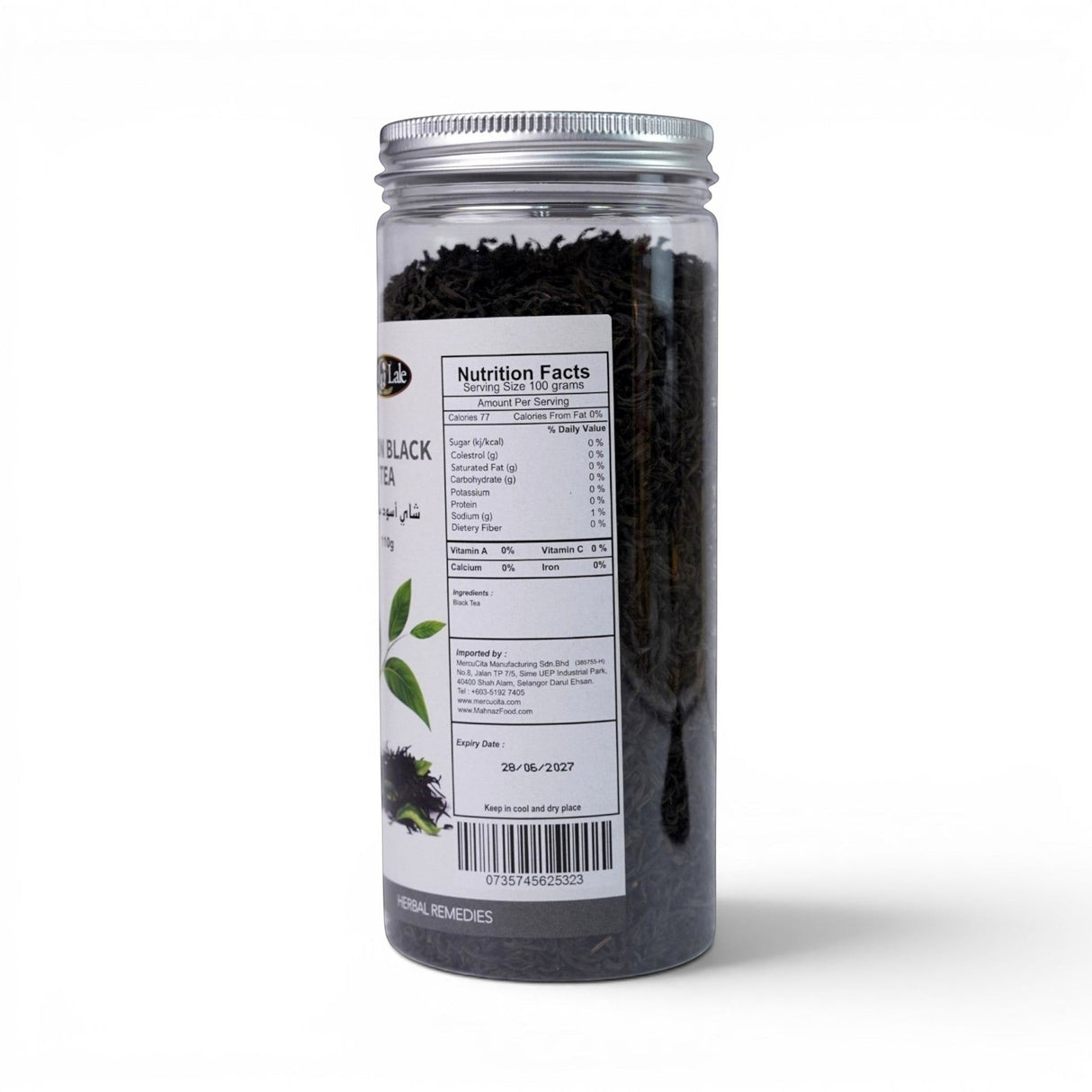 Mahnaz Food Ceylon Black Tea loose leaf in a clear plastic jar with nutrition facts label. 110g refill.