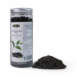 Mahnaz Food Ceylon Black Tea loose leaf refill, 110g jar with nutrition facts and pile of tea leaves.