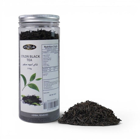 Mahnaz Food Ceylon Black Tea loose leaf refill, 110g jar with nutrition facts and pile of tea leaves.