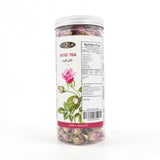Mahnaz Food Lale Rose Tea 60g jar with dried rose petals and a pink rose illustration. Herbal remedies.