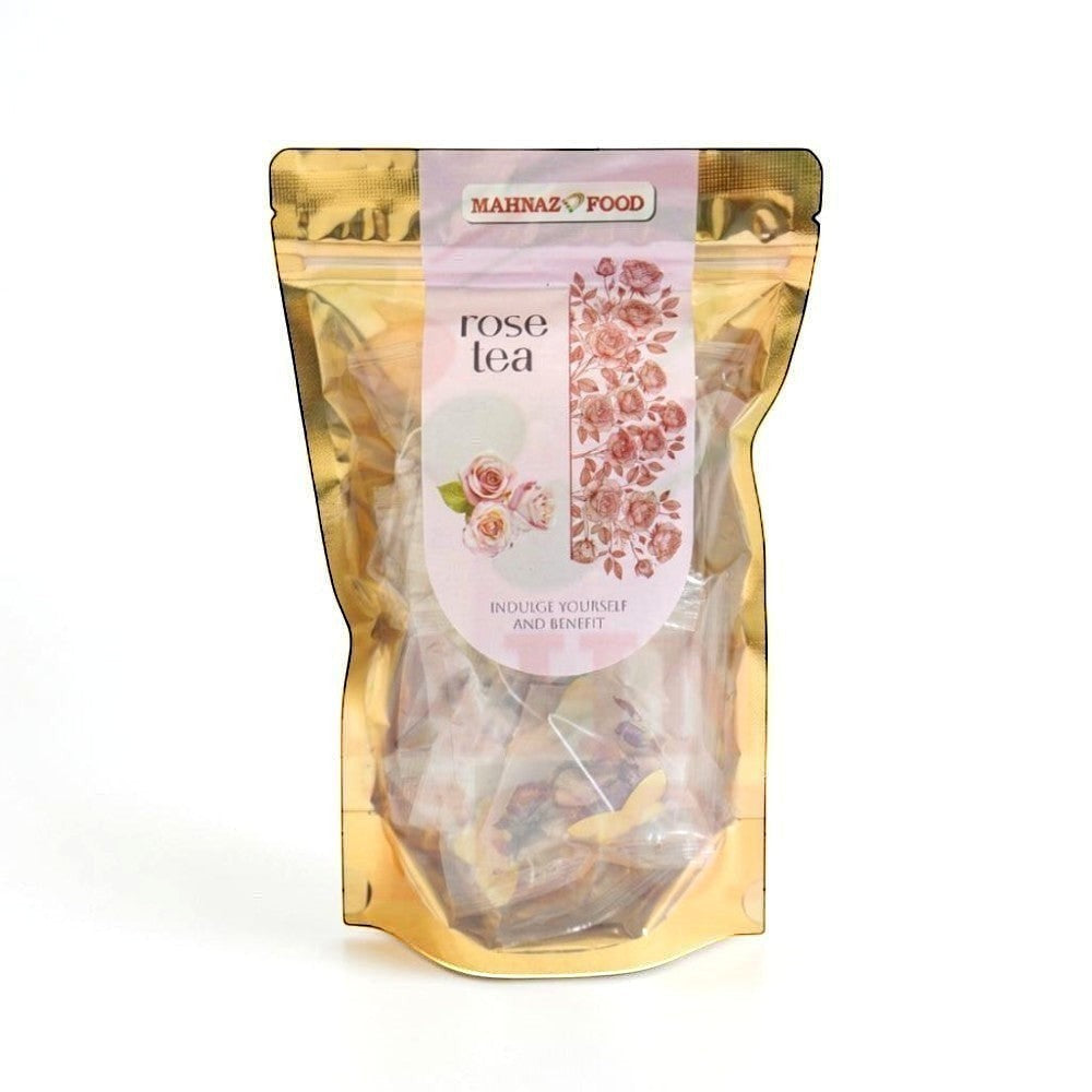 Mahnaz Food Rose Tea, loose leaf herbal infusion made from dried rose petals, promoting relaxation and wellness.
