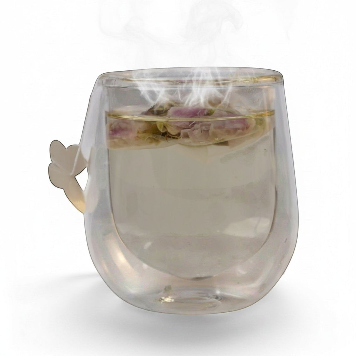 Mahnaz Food Rose Tea, loose dried rose petals steeped in clear hot water in a double-walled glass mug with butterfly handle.