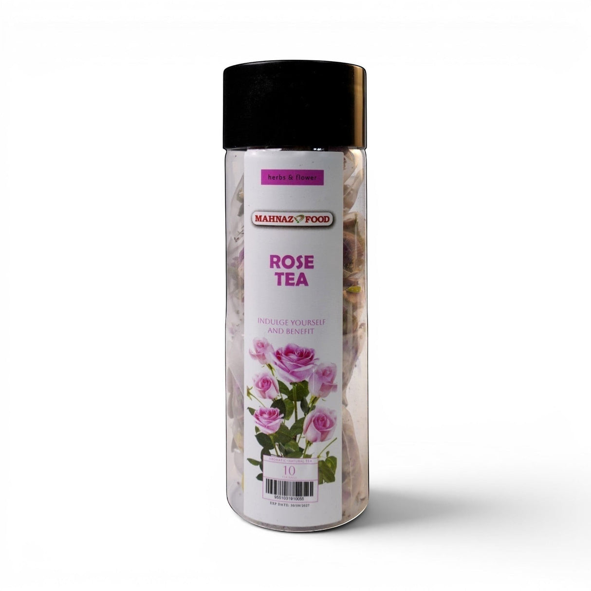 Mahnaz Food Rose Tea in a clear jar with a black lid, featuring dried rose petals and pink rose illustrations.