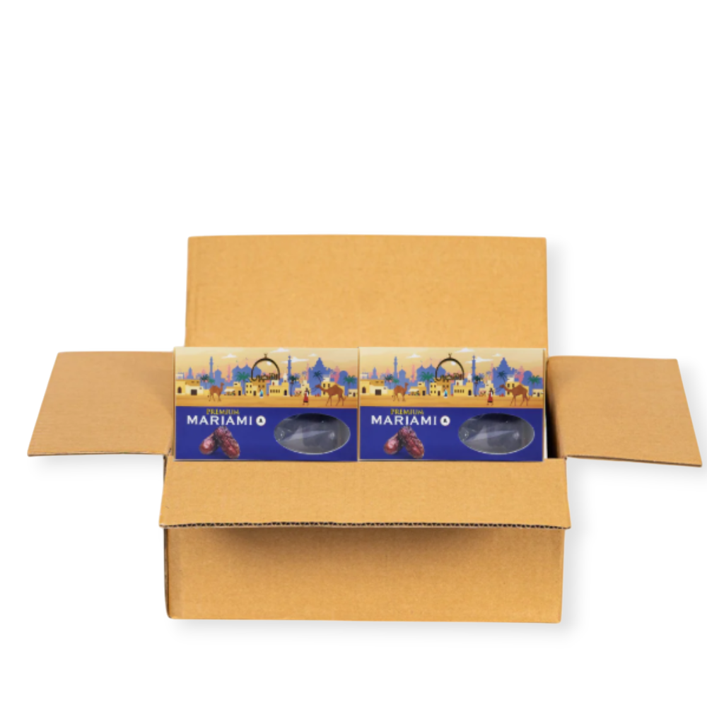 Mahnaz Food wholesale box containing two packs of premium Mariami dates with illustrated desert packaging