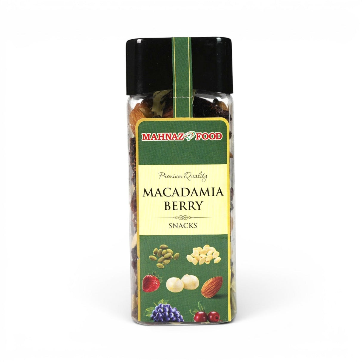 Mahnaz Food premium nut and berry mix featuring walnuts, almonds, pumpkin seeds, and dried fruit on a white surface