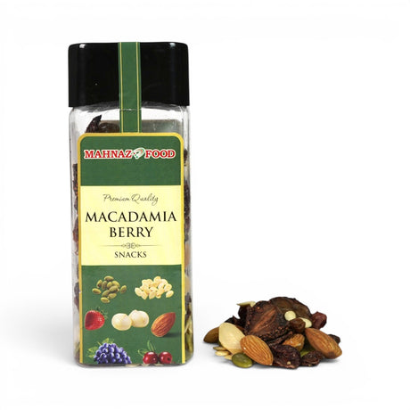 Mahnaz Food premium nut and berry mix featuring walnuts, almonds, pumpkin seeds, and dried fruit on a white surface