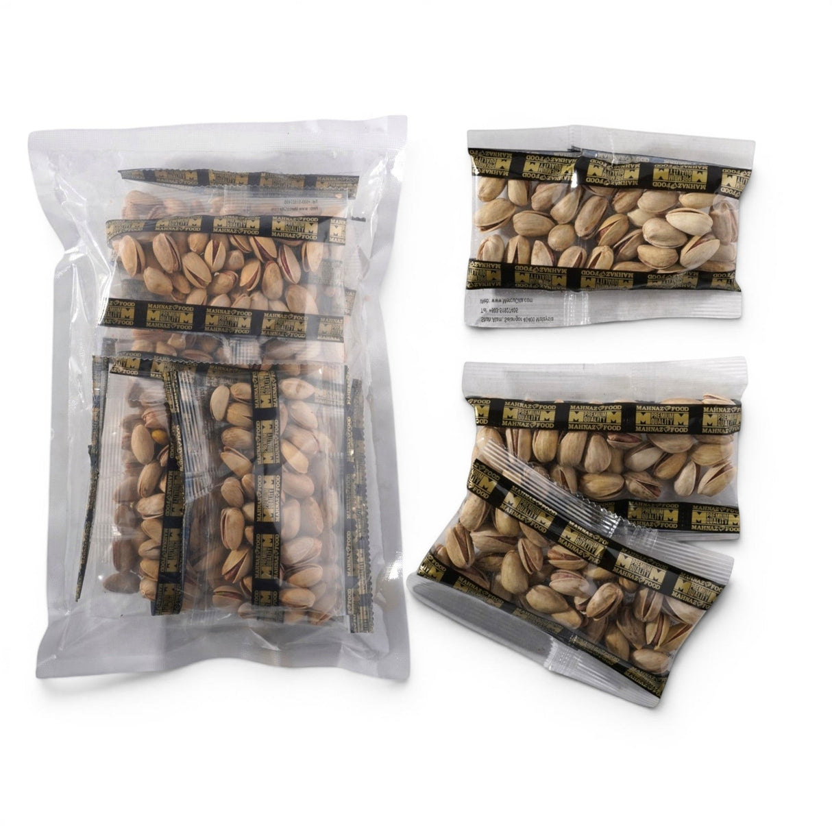 Mahnaz Food premium Iranian pistachios in a 300g mini pack set containing ten individual 30g snack portions.