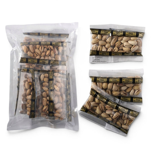 Mahnaz Food premium Iranian pistachios in a 300g mini pack set containing ten individual 30g snack portions.