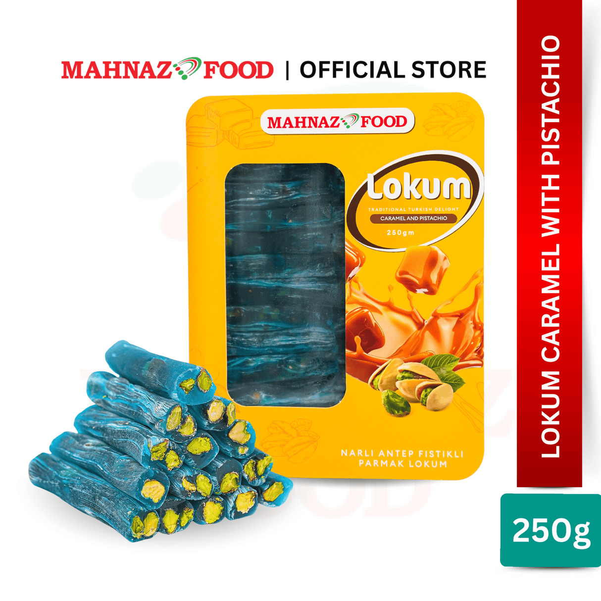 MAHNAZ FOOD LOKUM CARAMEL AND PISTACHIO 250G