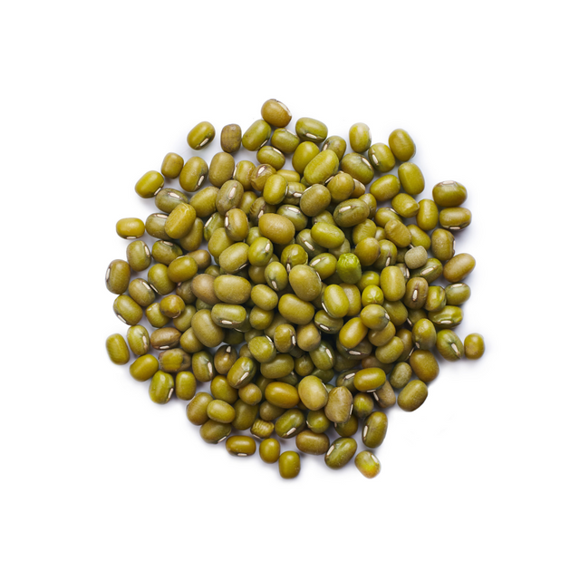 Mahnaz Food raw green mung beans piled on a white background for cooking and pantry storage.