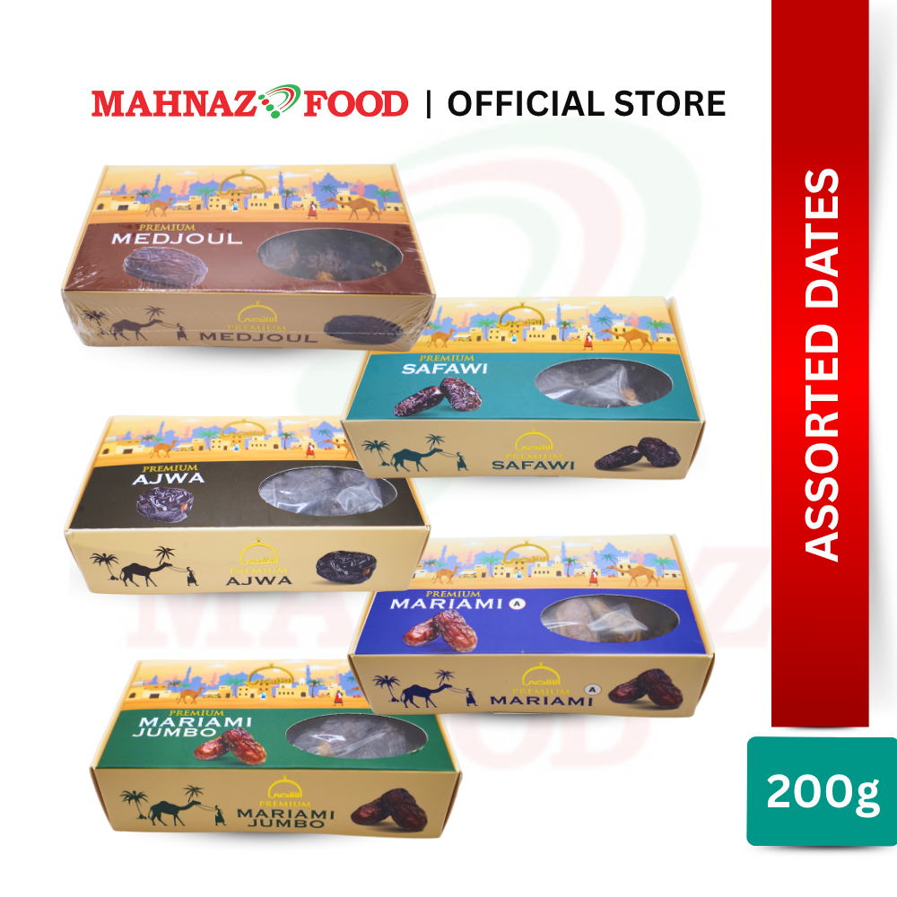 Mahnaz Food Premium Assorted Dates 200G | Ajwa / Safawi / Mariami A / Mariami Jumbo / Medjoul | Kurma Berkualiti | 椰枣