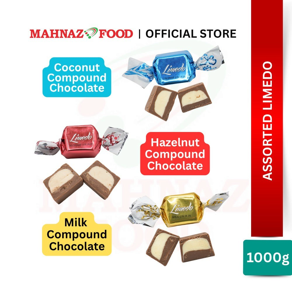 Mahnaz Food Limedo assorted compound chocolates in coconut, hazelnut, and milk flavors with creamy fillings
