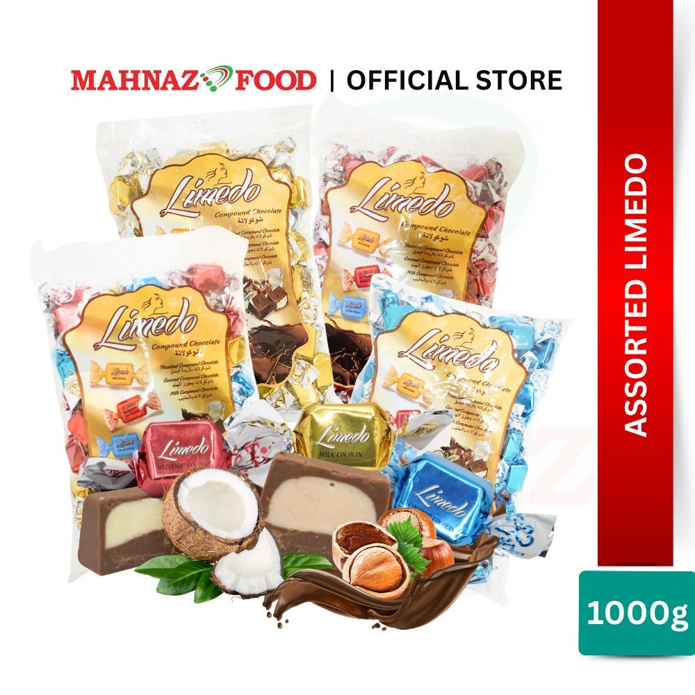 Mahnaz Food Limedo assorted compound chocolates in bags with coconut, hazelnut, and milk flavors, 1kg pack.