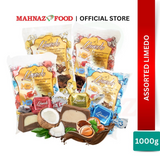 Mahnaz Food Limedo assorted compound chocolates in bags with coconut, hazelnut, and milk flavors, 1kg pack.