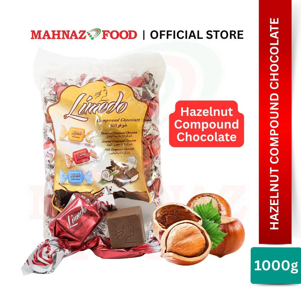 Mahnaz Food Limedo hazelnut compound chocolate candies in a 1kg bag with fresh hazelnut illustrations