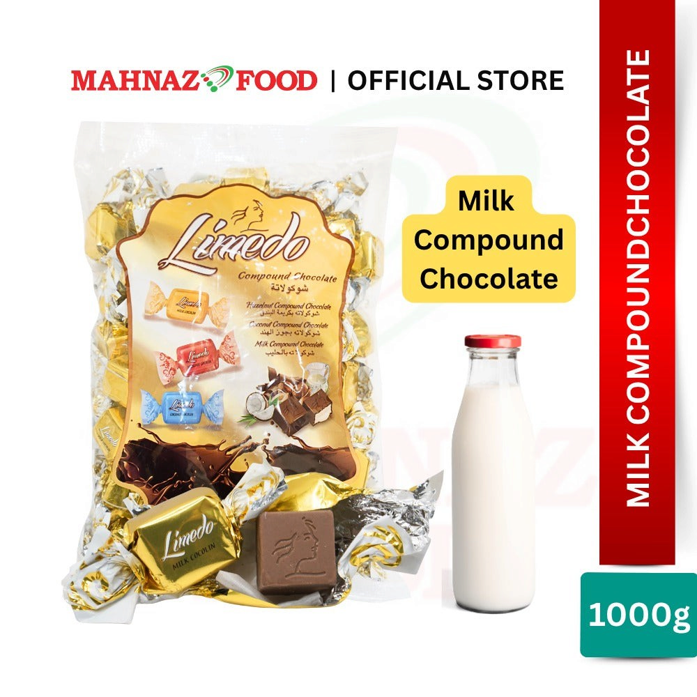 Mahnaz Food Limedo milk compound chocolate bag with individual gold wrappers and a glass bottle of milk