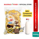 Mahnaz Food Limedo milk compound chocolate bag with individual gold wrappers and a glass bottle of milk
