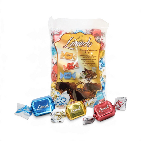Mahnaz Food Limedo assorted compound chocolates in milk, hazelnut, and coconut flavors in a 1kg clear plastic bag