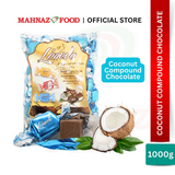 Mahnaz Food Limedo coconut compound chocolate in a 1kg bag with individual blue wrappers and fresh coconut pieces.