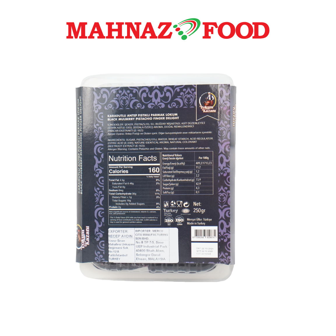 Mahnaz Food Lokum Kazani Turkish Delight Black Mulberry Pistachio Finger Delight 250g Buatan Turki