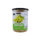 Mahnaz Food long golden Iranian raisins in a clear plastic jar with a black lid, showcasing dried fruit texture.