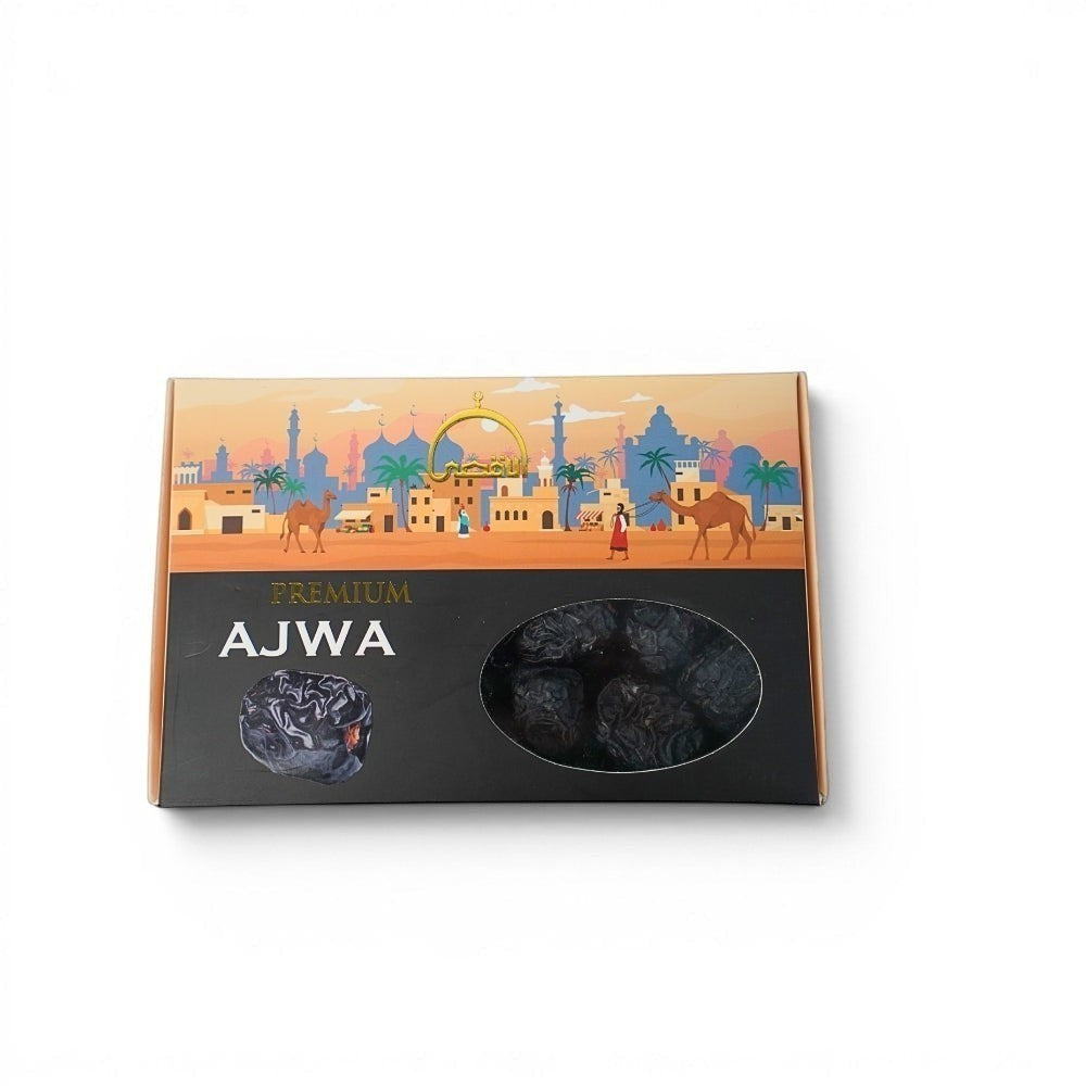 Mahnaz Food Premium Ajwa dates, dark brown with white wrinkles, soft dry fruit in a decorative box.