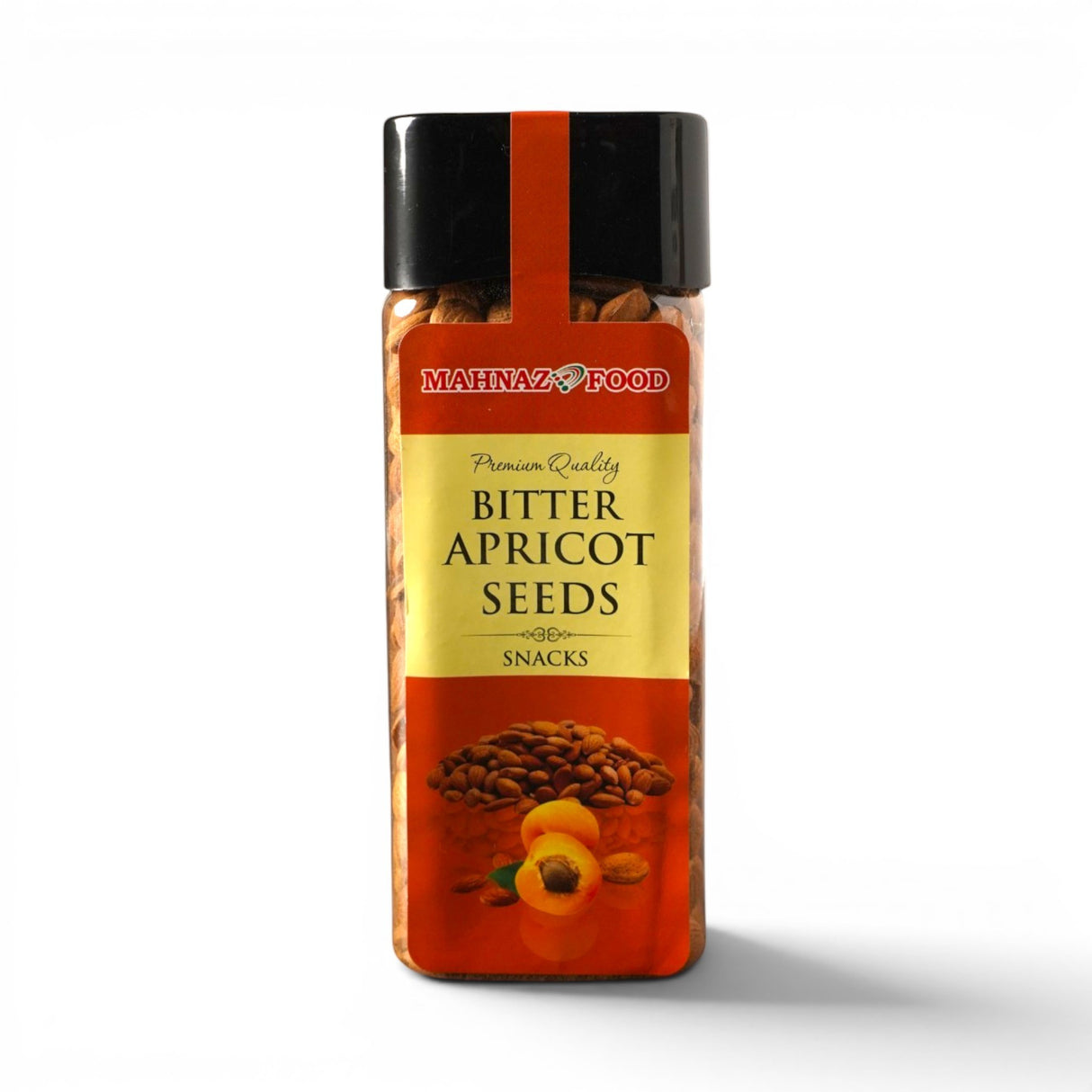 Mahnaz Food bitter apricot seeds in a clear plastic jar with a black lid, perfect for snacking or baking.