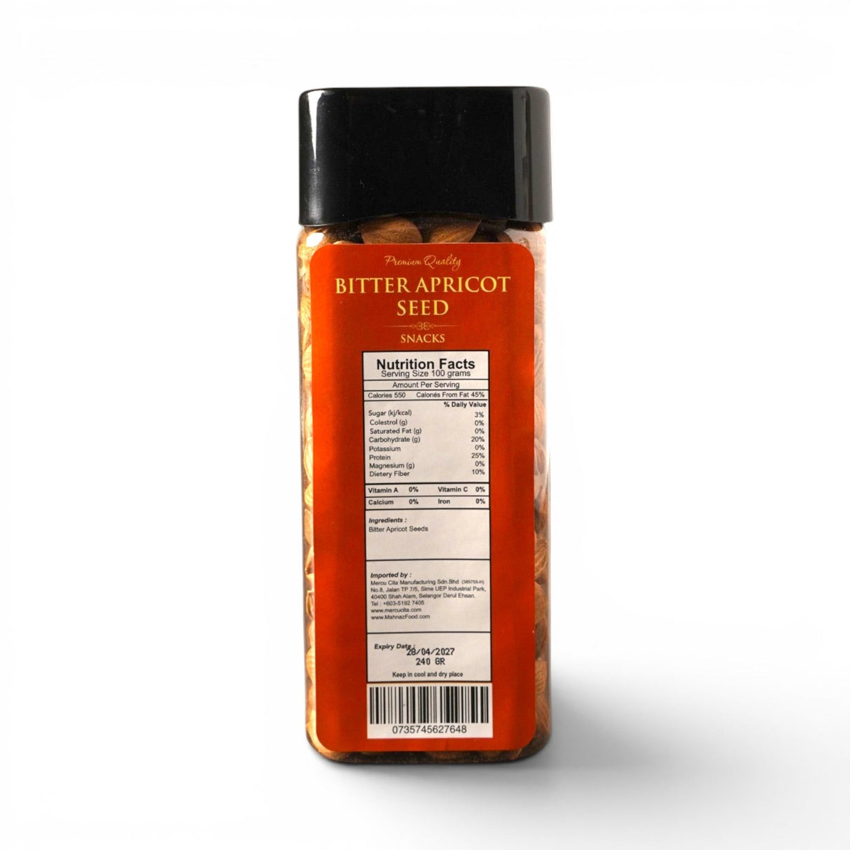 Mahnaz Food bitter apricot seeds in a clear plastic jar with nutrition facts label for healthy snacking