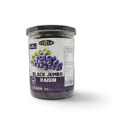 Mahnaz Food black jumbo raisins in a clear plastic jar with a label featuring a grape illustration