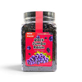 Mahnaz Food black jumbo raisins in a clear plastic jar with a red label featuring grape illustrations