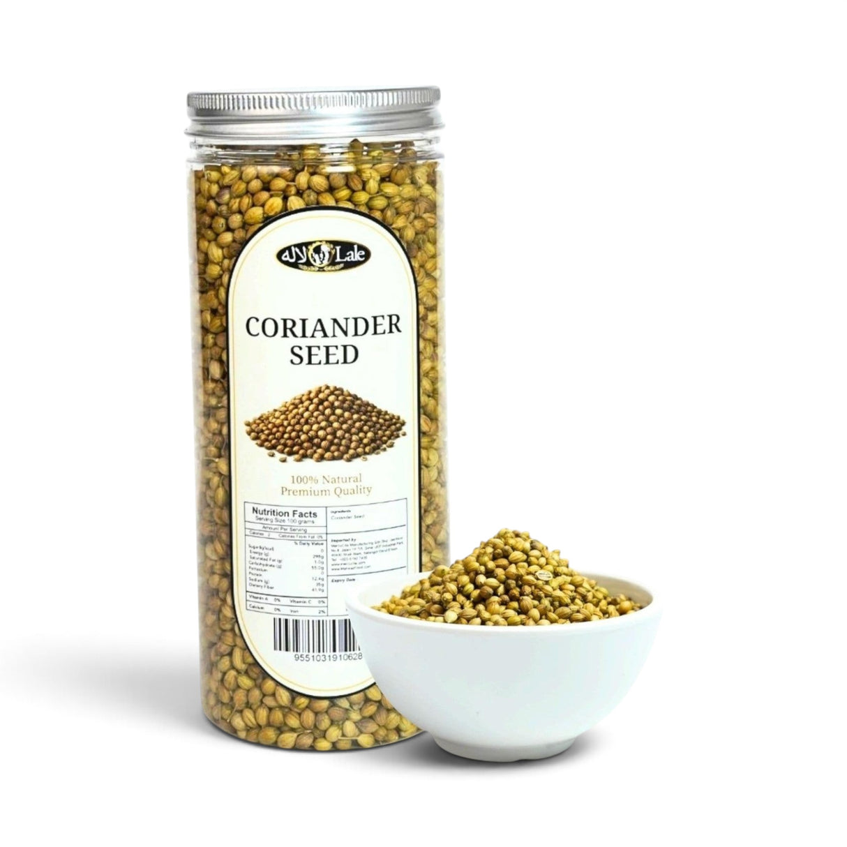 Mahnaz Food coriander seeds in a clear plastic jar next to a small white bowl filled with whole dried seeds.