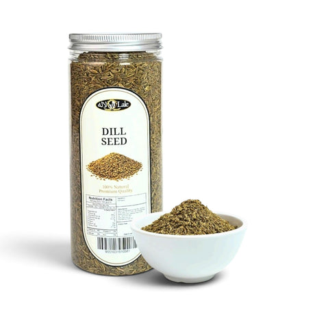 Mahnaz Food premium dill seeds in a clear 230g jar with a small white bowl of seeds in front