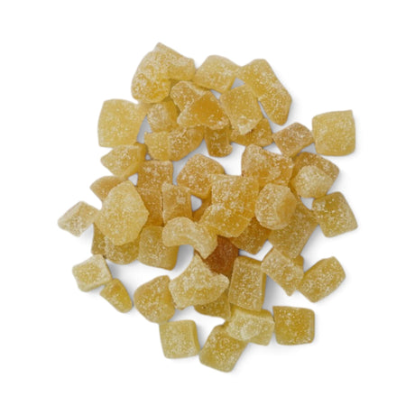 Mahnaz Food dried ginger cubes coated in sugar, featuring a chewy texture and sweet, spicy flavour.