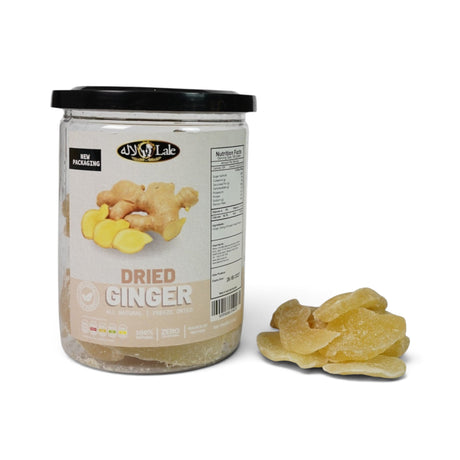 Mahnaz Food dried ginger slices in a clear plastic jar with a black lid, featuring a sweet and spicy snack.