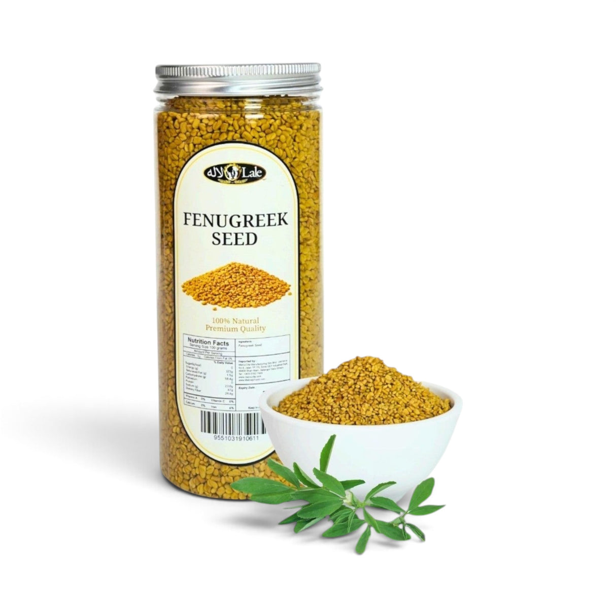 Mahnaz Food Fenugreek Seed in a clear jar with a small bowl of seeds and fresh green leaves on a white background