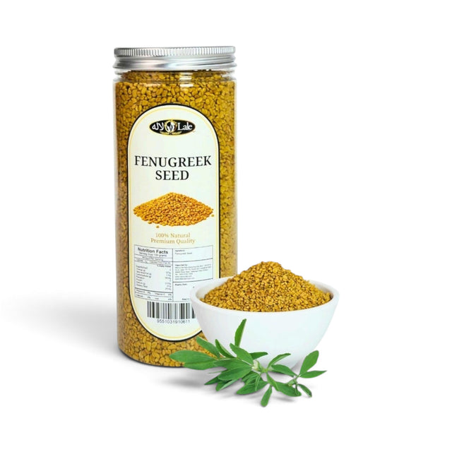 Mahnaz Food Fenugreek Seed in a clear jar with a small bowl of seeds and fresh green leaves on a white background