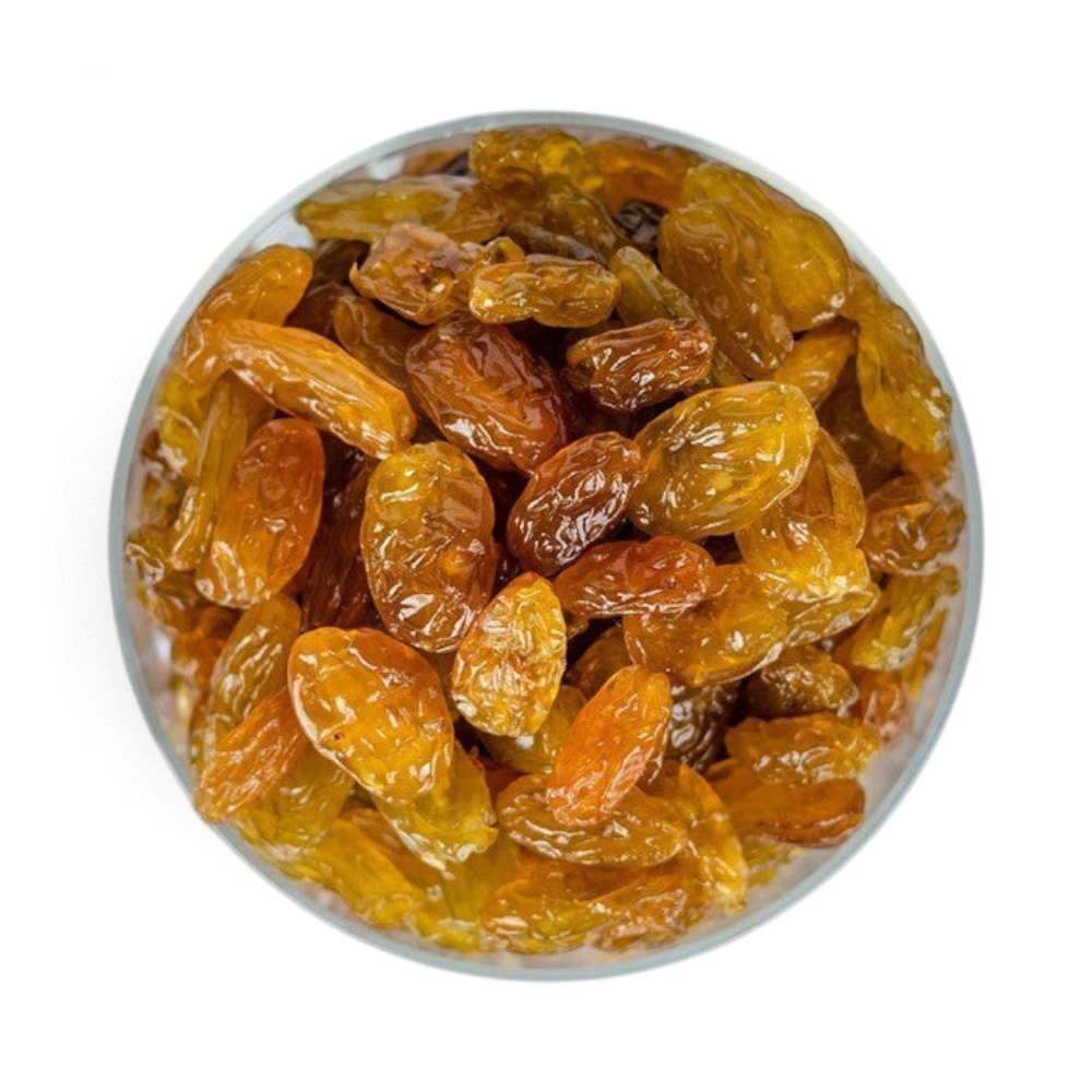 Mahnaz Food golden jumbo raisins in a glass bowl, a healthy dried fruit snack rich in fiber and natural energy.