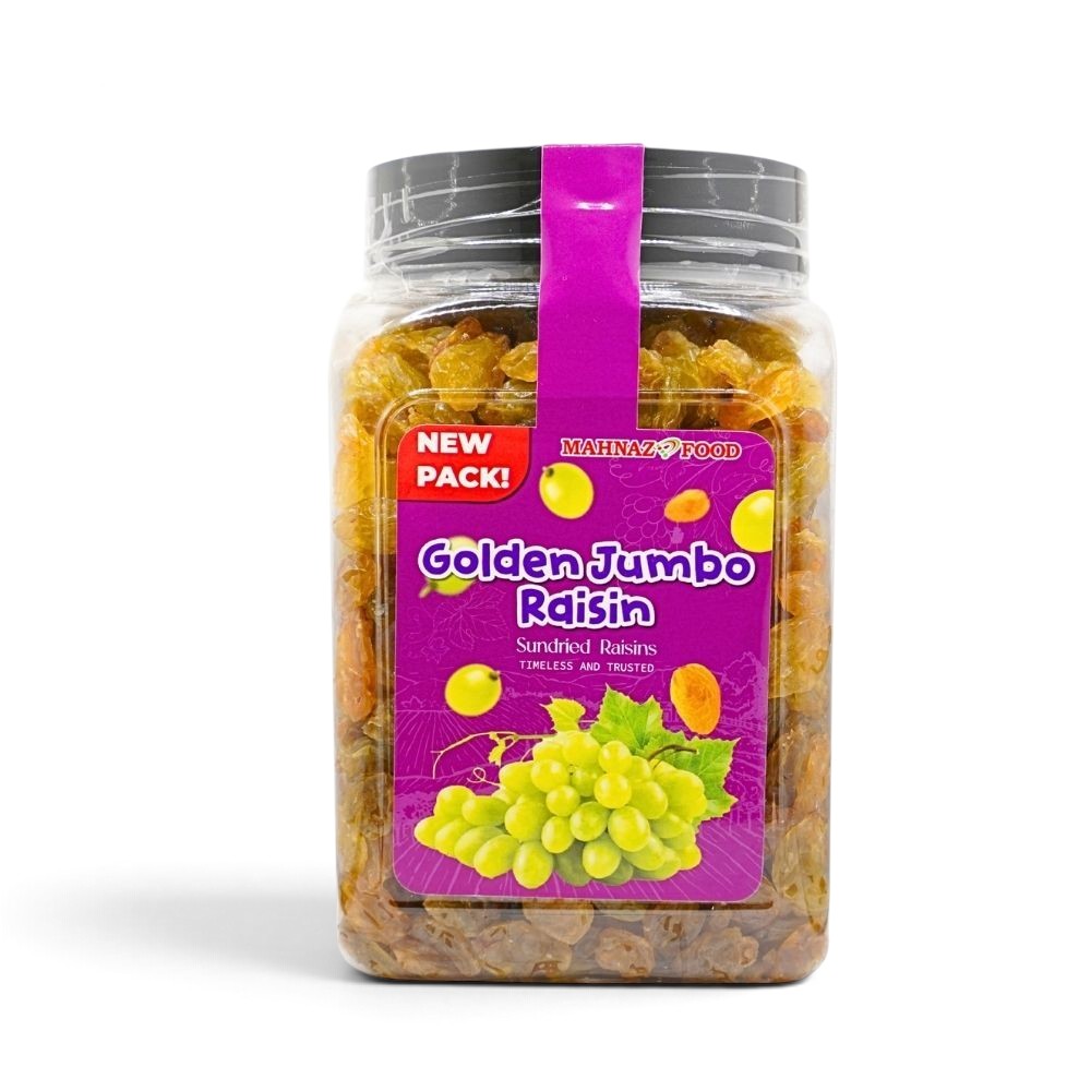 Mahnaz Food Golden Jumbo raisins in a clear plastic jar with a purple label featuring fresh green grapes