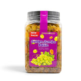 Mahnaz Food Golden Jumbo raisins in a clear plastic jar with a purple label featuring fresh green grapes