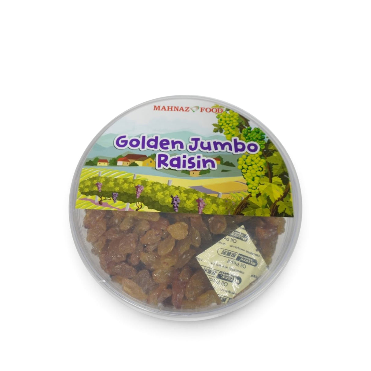 Mahnaz Food Golden Jumbo raisins in a clear round plastic container with a vineyard-themed label