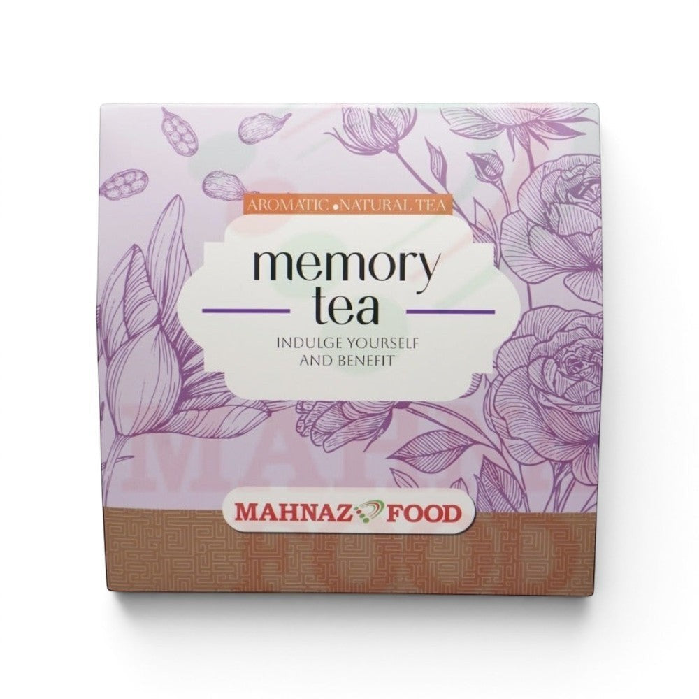 Mahnaz Food Herbal Memory Tea box with rose and cardamom illustrations. Aromatic natural tea blend.