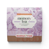 Mahnaz Food Herbal Memory Tea box with rose and cardamom illustrations. Aromatic natural tea blend.