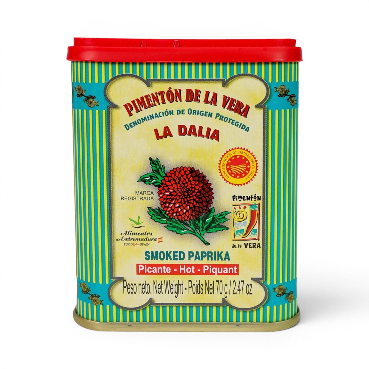 Mahnaz Food La Dalia hot smoked paprika in a 70g decorative tin with vibrant green and yellow striped design