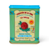 Mahnaz Food La Dalia smoked sweet paprika powder in a decorative green and yellow tin with a blue lid