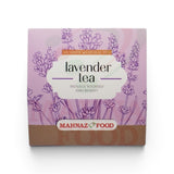 Mahnaz Food lavender tea box with 6 teabags, featuring a purple floral design and text.