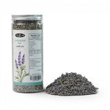 Mahnaz Food Lavender Tea in a clear jar with nutrition facts and a pile of loose dried lavender flowers.