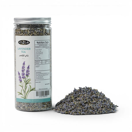Mahnaz Food Lavender Tea in a clear jar with nutrition facts and a pile of loose dried lavender flowers.
