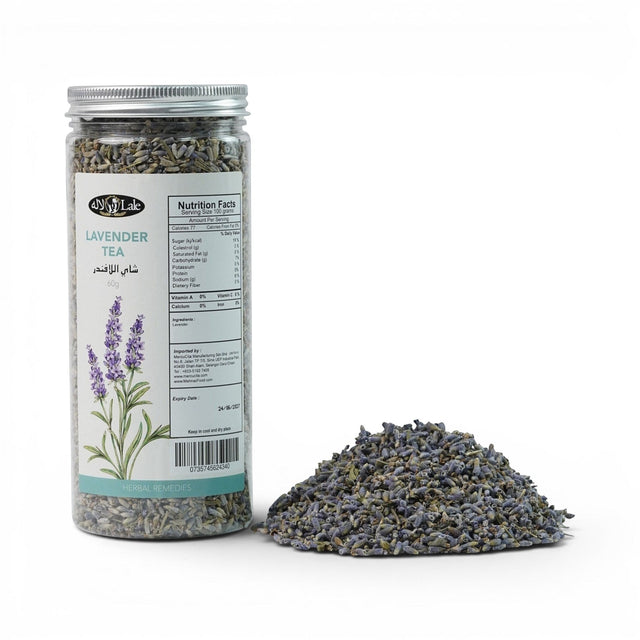 Mahnaz Food Lavender Tea in a clear jar with nutrition facts and a pile of loose dried lavender flowers.